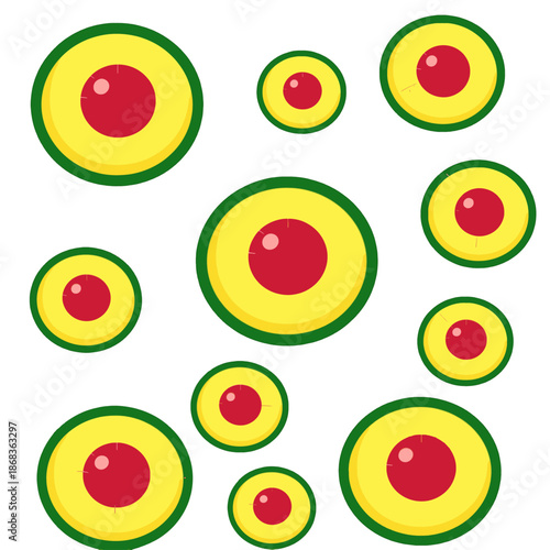 Colorful circular shapes with red and yellow rings