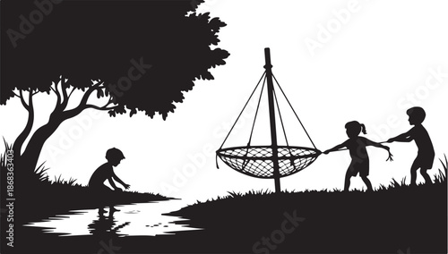 Children playing outdoors near stream with net swing silhouette in park landscape background during summer afternoon