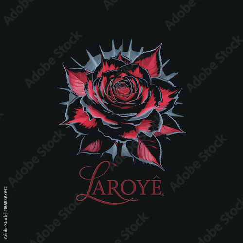 Elegant mystical dark red rose logo design with thorny graphic elements perfect for apparel branding or spiritual themes