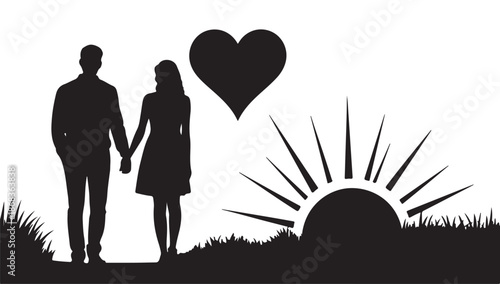 Silhouette of man and woman walking through grass field toward sunset with large heart symbol vector illustration art
