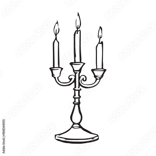 Hand drawn vintage candelabra with three candles in whimsical line art doodle style. Retro ornate candle holder illustration with baroque curls on white background, perfect for decor, branding