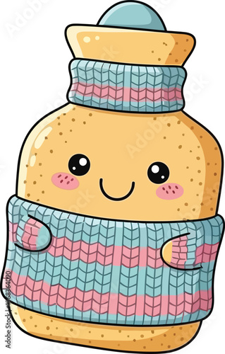 smiling hot water bottle with a face on white background