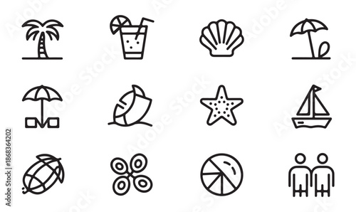 Summer holiday vector icons collection with palm tree cocktail shell and beach umbrella for travel