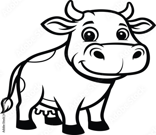 A cartoon cow with a happy face and black outline
