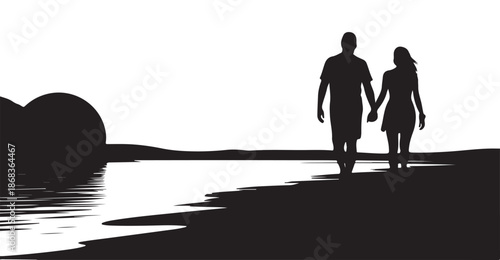 Couple holding hands walking on beach ocean waves gentle breeze silhouette love romance holiday vacation summer romantic journey sunset date romantic walk