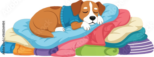 funny dog sleeping in a pile on white background