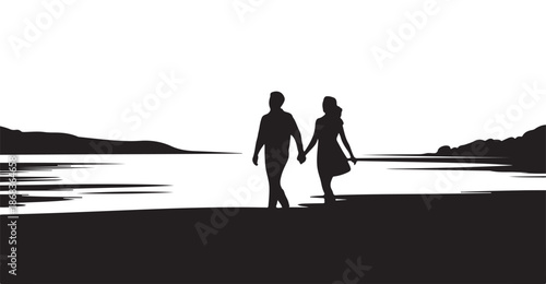 Couple holding hands walking on beach ocean waves gentle breeze silhouette love romance holiday vacation summer romantic journey sunset date romantic walk