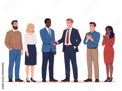 A diverse group of business people standing together in a line shaking hands