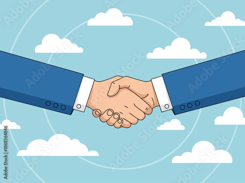 Handshake between two people in blue suits on a cloudy sky background