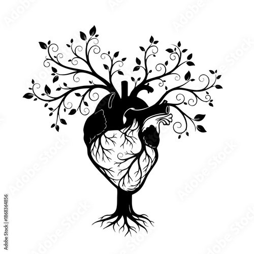 A black and white illustration of a human heart transforming into a tree with roots and branches