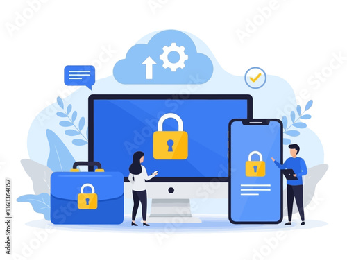 Two people standing in front of large computer screen and mobile device with padlock symbols on them