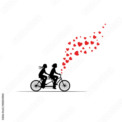Couple Riding Tandem Bicycle Together with Hearts Flying in the Air