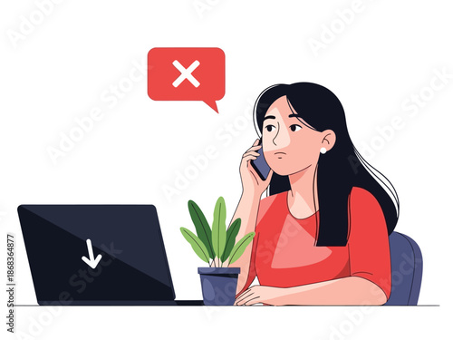 Woman sitting at a desk with a laptop and talking on the phone with a plant nearby