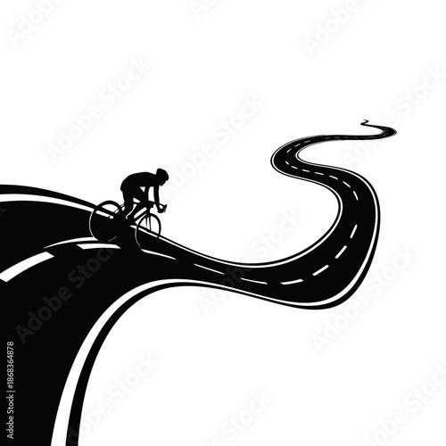 Cyclist riding on a winding road with a dramatic black and white illustration