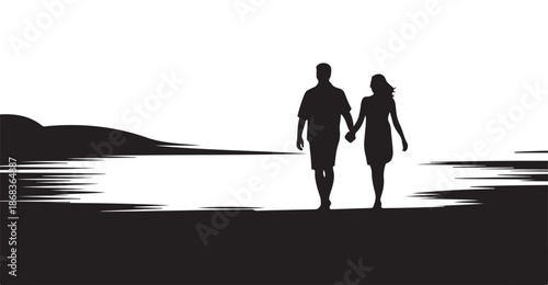 Couple holding hands walking on beach ocean waves gentle breeze silhouette love romance holiday vacation summer romantic journey sunset date romantic walk