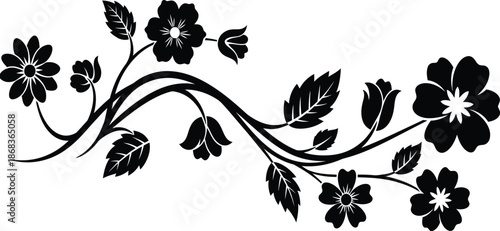 Black floral design with curved stems and leaves on white background