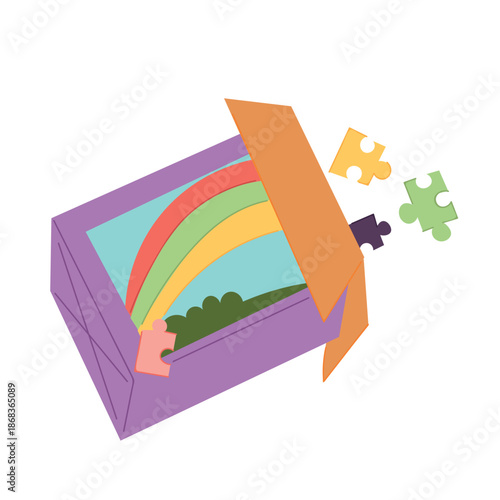 Puzzle box isolated on white background. Flat vector illustration in cute cartoon style, perfect for children games, education, logic development, learning activities, toys, packaging design