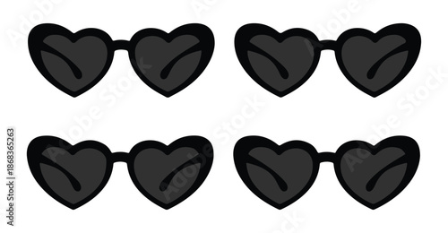 Four pairs of black heart shaped sunglasses for summer vacation fashion accessories isolated on white background