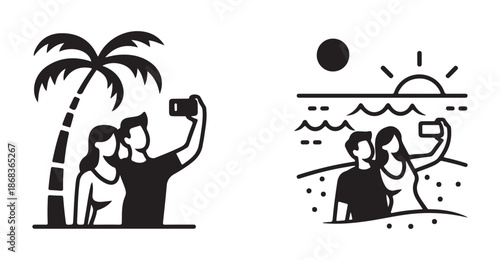 Couple taking beach selfie with mobile phone near palm tree and ocean sunset line art icons set