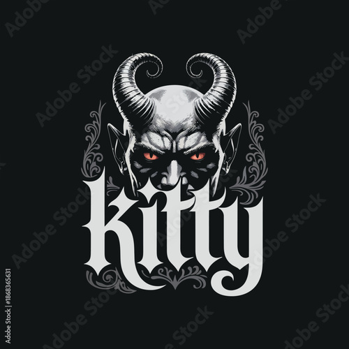 Kitty text with horned demon face vector illustration