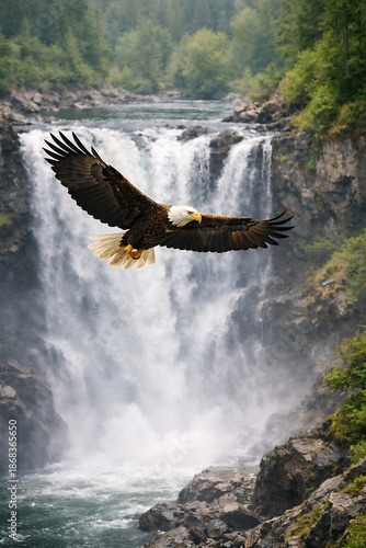 Bald eagle flying over waterfall, dramatic wildlife landscape
