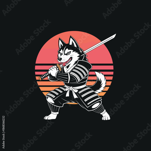 Samurai husky dog with katana in front of sunset