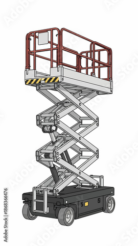 An isolated illustration of a grey and red scissor lift, an industrial aerial work platform.