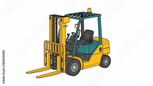 A yellow forklift truck with a teal roof and seat, used for lifting and transporting heavy loads in industrial settings.