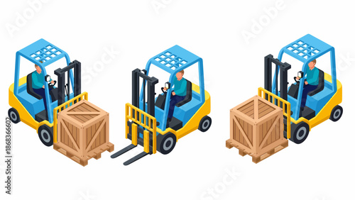 Isometric illustration of three forklifts, two carrying wooden crates, one with empty forks, representing industrial logistics.