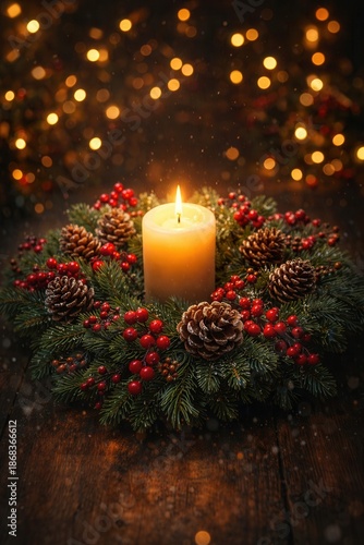 Festive Christmas wreath decorated with pinecones, red berries, and evergreen branches, illuminated by a warm candle glow on a dark wooden surface. Soft golden bokeh lights in the background create a 