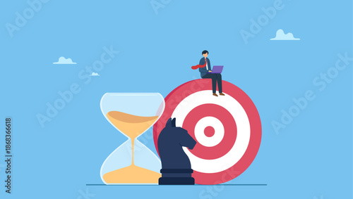 Smart businessman working with laptop sit on target with chess knight and sandglass. Business strategy, planning to achieve goal, management for company growth opportunity, market success goal.