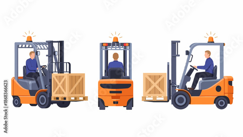 Three views of a forklift truck with a driver carrying a wooden crate on a pallet, illustrating industrial logistics.