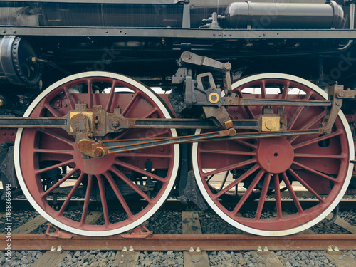 detail of the wheels of an old coal-fired locomotive