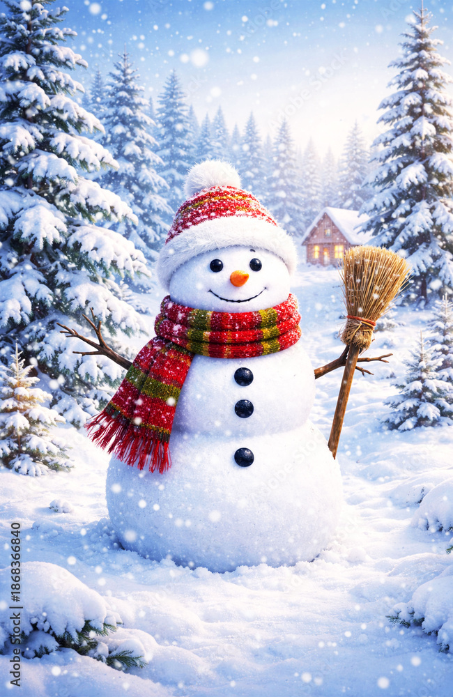 Obraz premium Cheerful Snowman in Snowy Winter Forest with Falling Snow Background