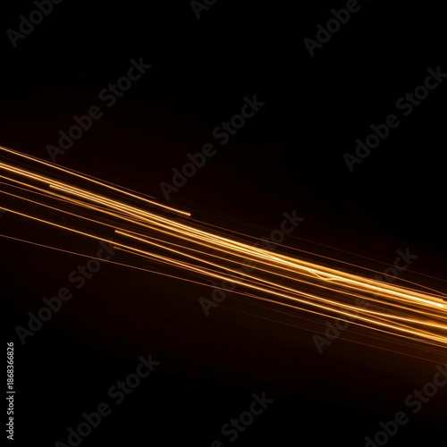 Dynamic long exposure photographic abstract featuring brilliant glowing streams of light creating an energetic flow against a dark background, digital, warp, motion blur