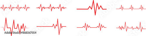 Heart Rhythm Icon set. Electrocardiogram, ECG - EKG signal, Heart Beat pulse line concept design element. Heartbeat line, pulse, cardiogram, medical health care, heart rhythm, red outline vector.