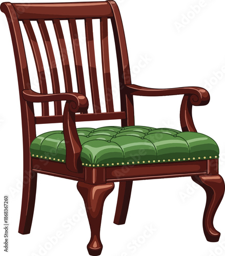Vintage wooden chair with green upholstery.