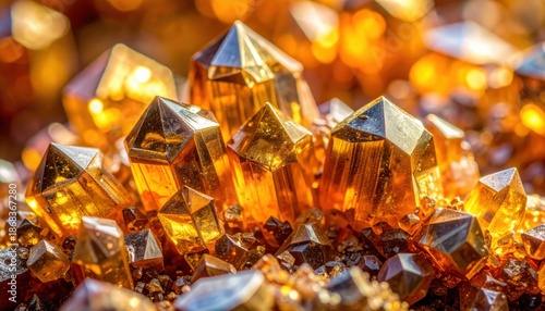 Pile of golden crystals on top of table with blurred background of.