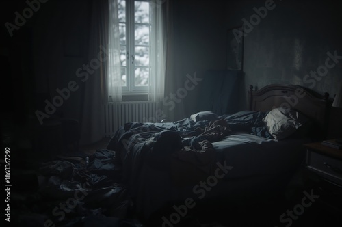 Disorganized sleeping room with unmade bed cluttered floor and window light creating sad moody environment