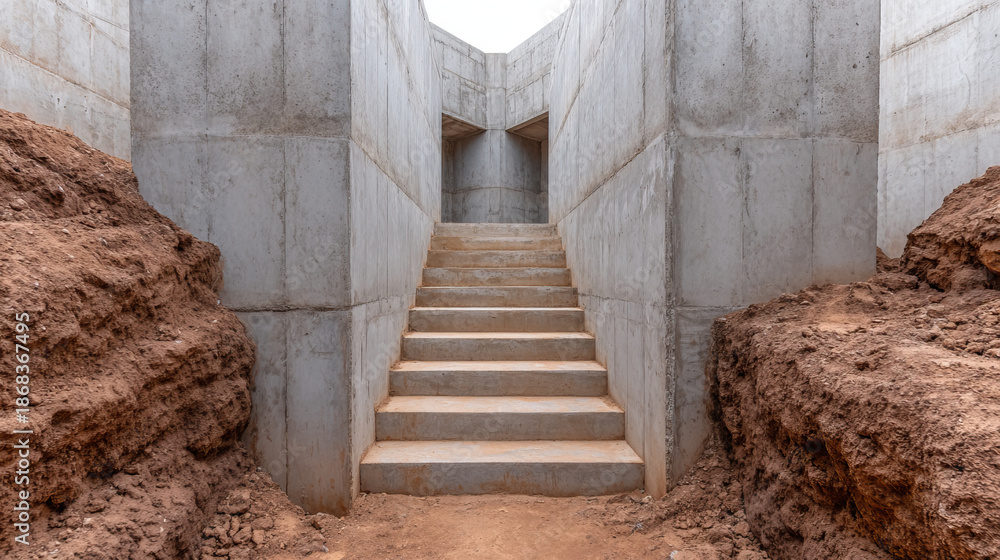 Obraz premium Concrete stairs with heart shaped negative space surrounded by unfinished soil modern architecture minimalistic construction site neutral tones geometric design calm atmosphere