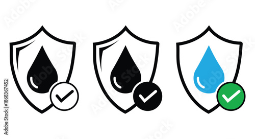 Set of three shield icons with water drops and checkmarks, symbolizing waterproof protection and approval.