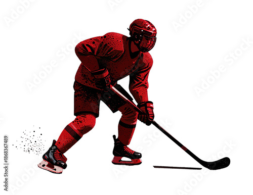 Hockey player in red gear holding a stick