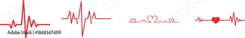 Heart Rhythm Icon set. Electrocardiogram, ECG - EKG signal, Heart Beat pulse line concept design element. Heartbeat line, pulse, cardiogram, medical health care, heart rhythm, red outline vector.