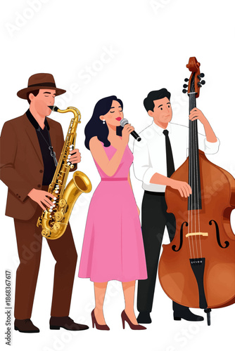 Jazz trio performing with saxophone, singer, and double bass