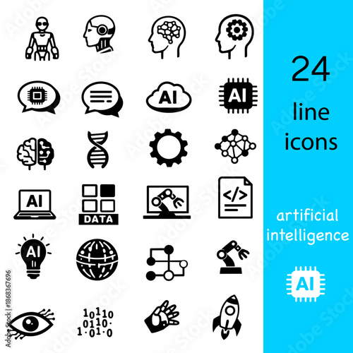 Icons of artificial intelligence showing robots, brains, data, and technology in a modern design layout