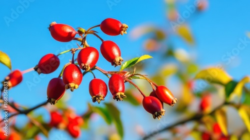 Vibrant rosehips against a vivid sky, a colorful dance of nature's elegance