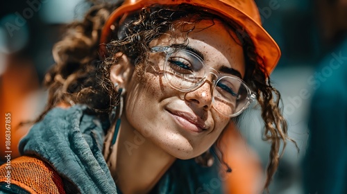 Young African American female construction worker wearing orange hard hat and safety glasses smiling confidently at industrial worksite for workplace diversity campaigns.
