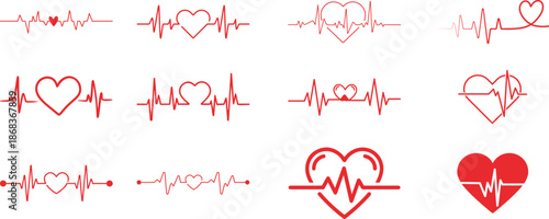 Heart Rhythm Icon set. Electrocardiogram, ECG - EKG signal, Heart Beat pulse line concept design element. Heartbeat line, pulse, cardiogram, medical health care, heart rhythm, red outline vector.