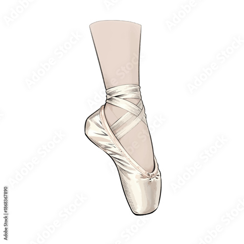 Pink ballet slipper with ribbon ties on a foot