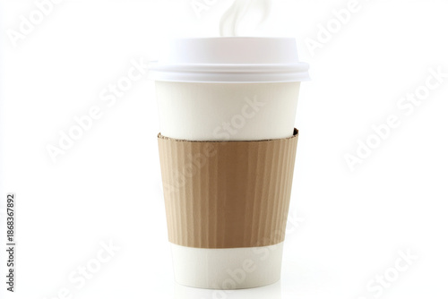 Disposable coffee cup with sustainable packaging sleeve and white lid steaming hot beverage for eco friendly drink container